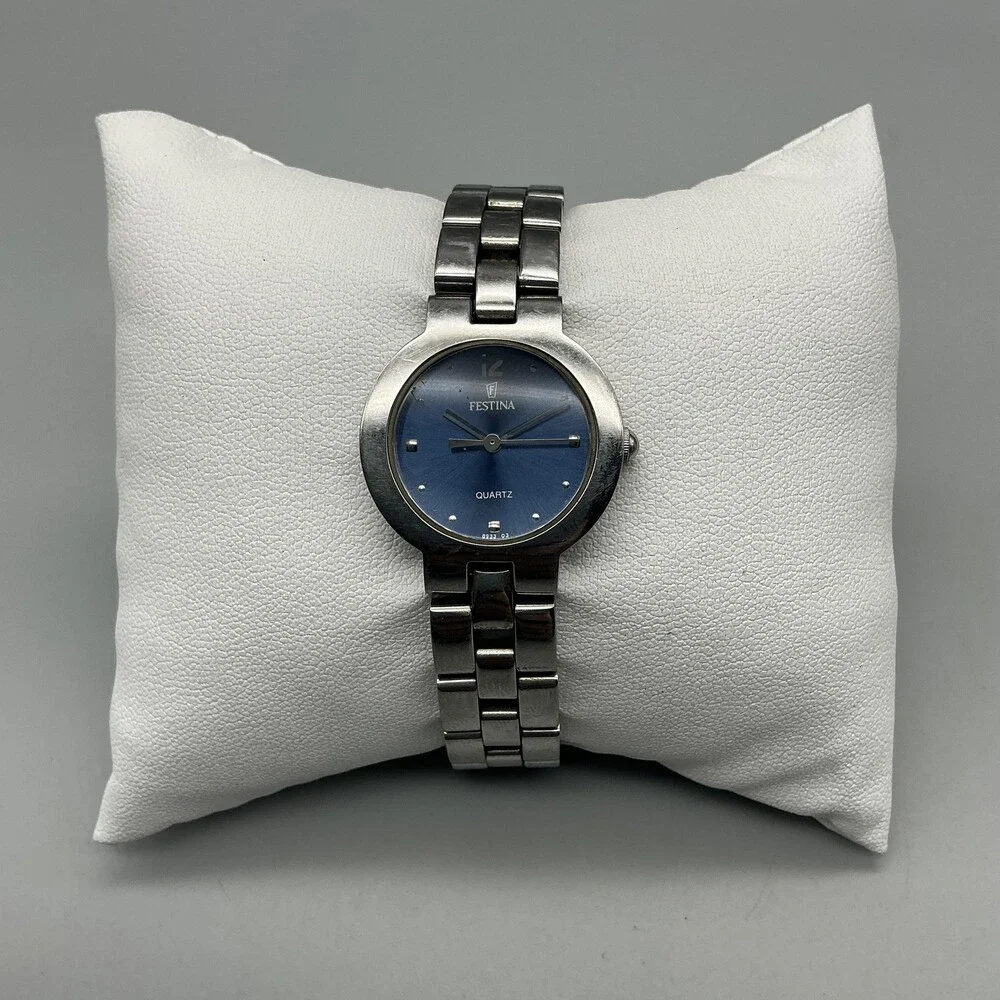 Vintage Festina 8933 Womens Watch 24mm Blue Dial Stainless New Battery 6.25